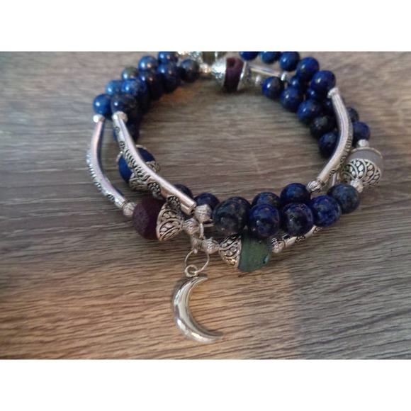 Agate Druzy, Lapis Lazuli Wrap Cuff moon dangle - Picture 2 of 8